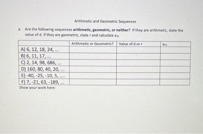 Solved Arithmetic And Geometric Sequences A. Are The | Chegg.com