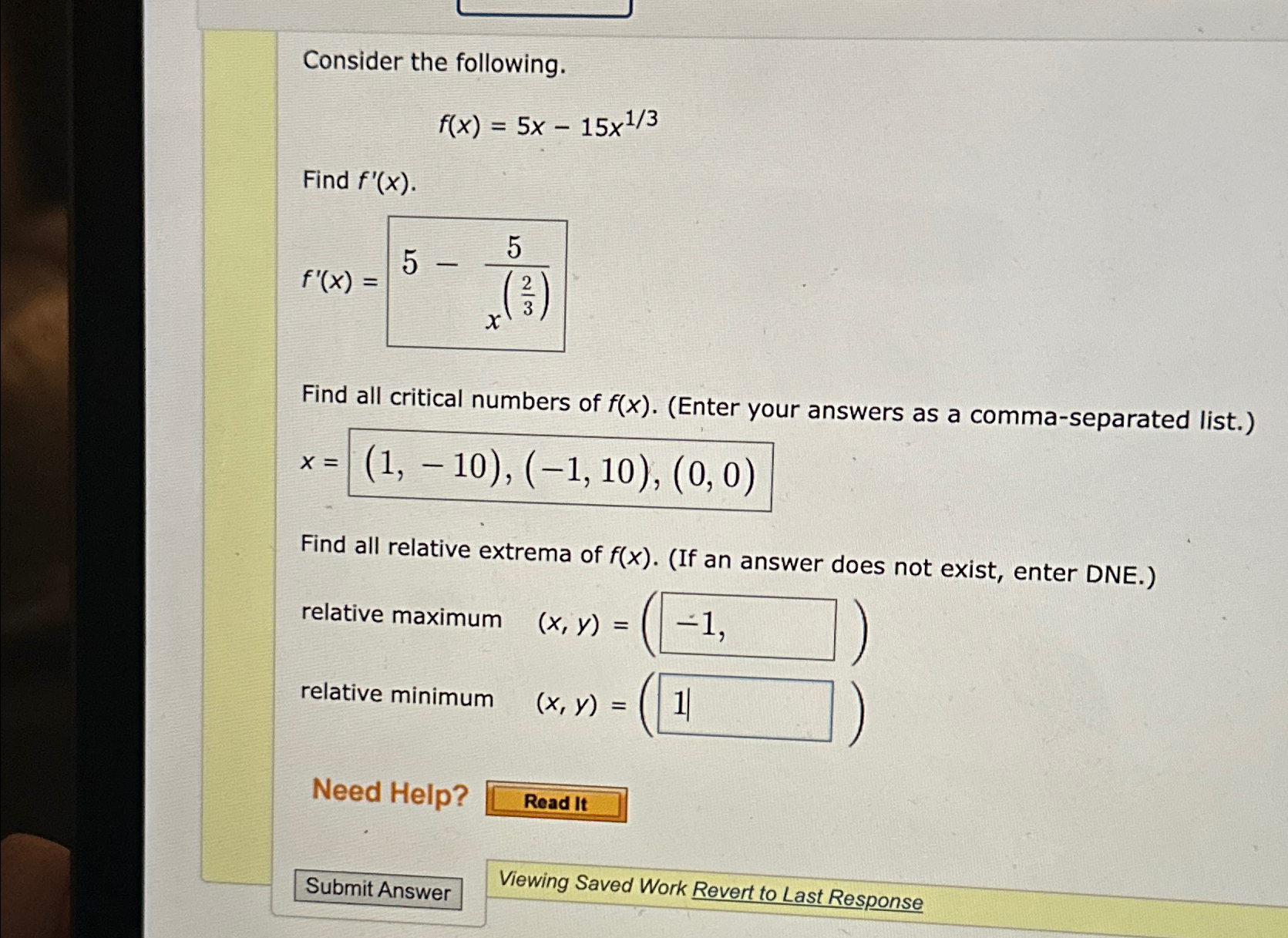 Solved Consider the following.f(x)=5x-15x13Find | Chegg.com