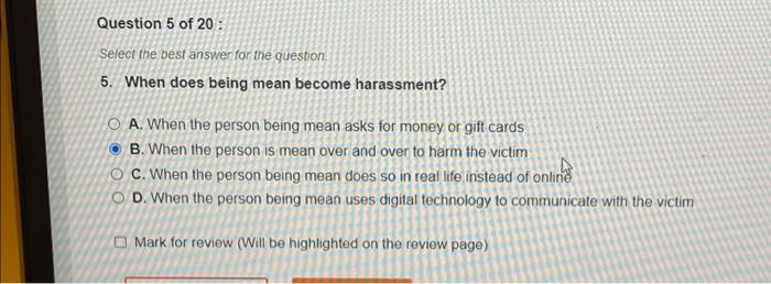 Solved Question 5 of 20 : Select the best answer for the | Chegg.com
