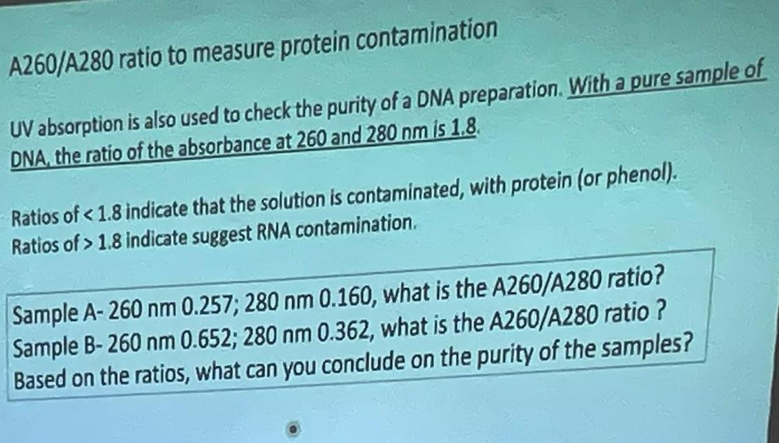 Solved A260/A280 ratio to measure protein contamination UV