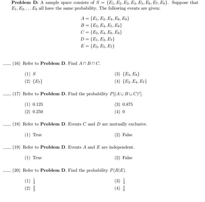 Solved Problem D A Sample Space Consists Of S {e1 E2
