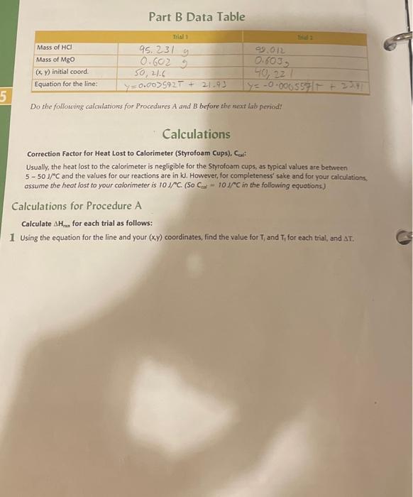 Solved Part B Data Table Do The Following Calculations For | Chegg.com