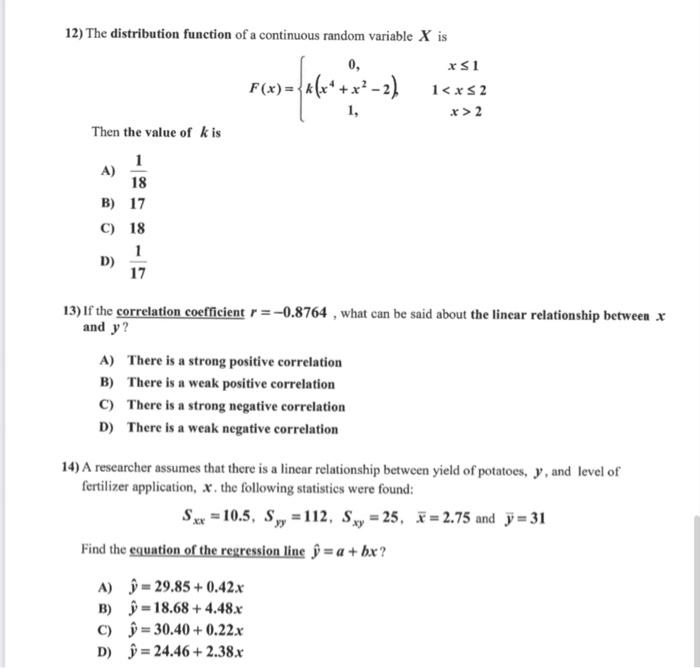 Solved 12) The distribution function of a continuous random | Chegg.com