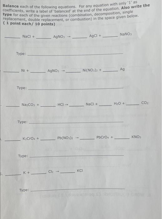 Solved Balance each of the following equations. For any | Chegg.com