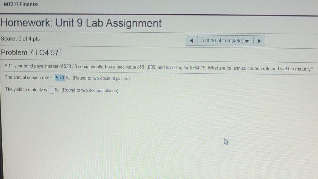 Solved MT217 Finance Homework: Unit 9 Lab Assignment Score: | Chegg.com