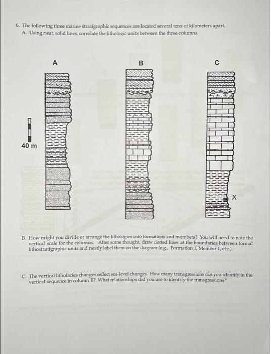 6. The following three marine stratigraphic sequences are located several tens of kilometers apart.
A. Using neat, solid line