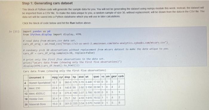 Solved Step 1: Generating cars dataset This block of Python | Chegg.com