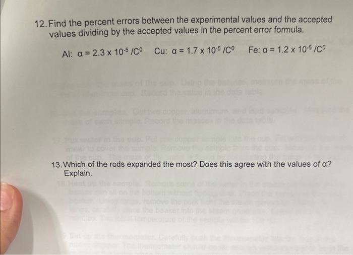 Solved 12. Find the percent errors between the experimental | Chegg.com