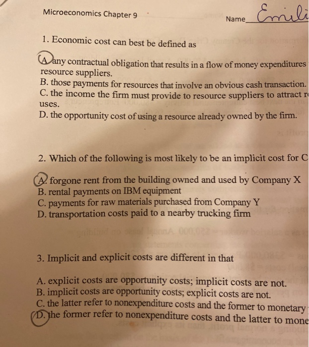 Solved Microeconomics Chapter 9. Name Emili 1. Economic cost 