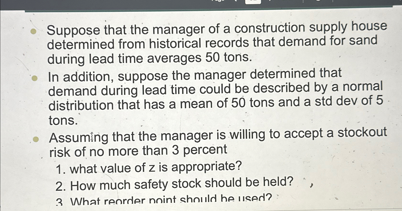 Solved Suppose that the manager of a construction supply | Chegg.com