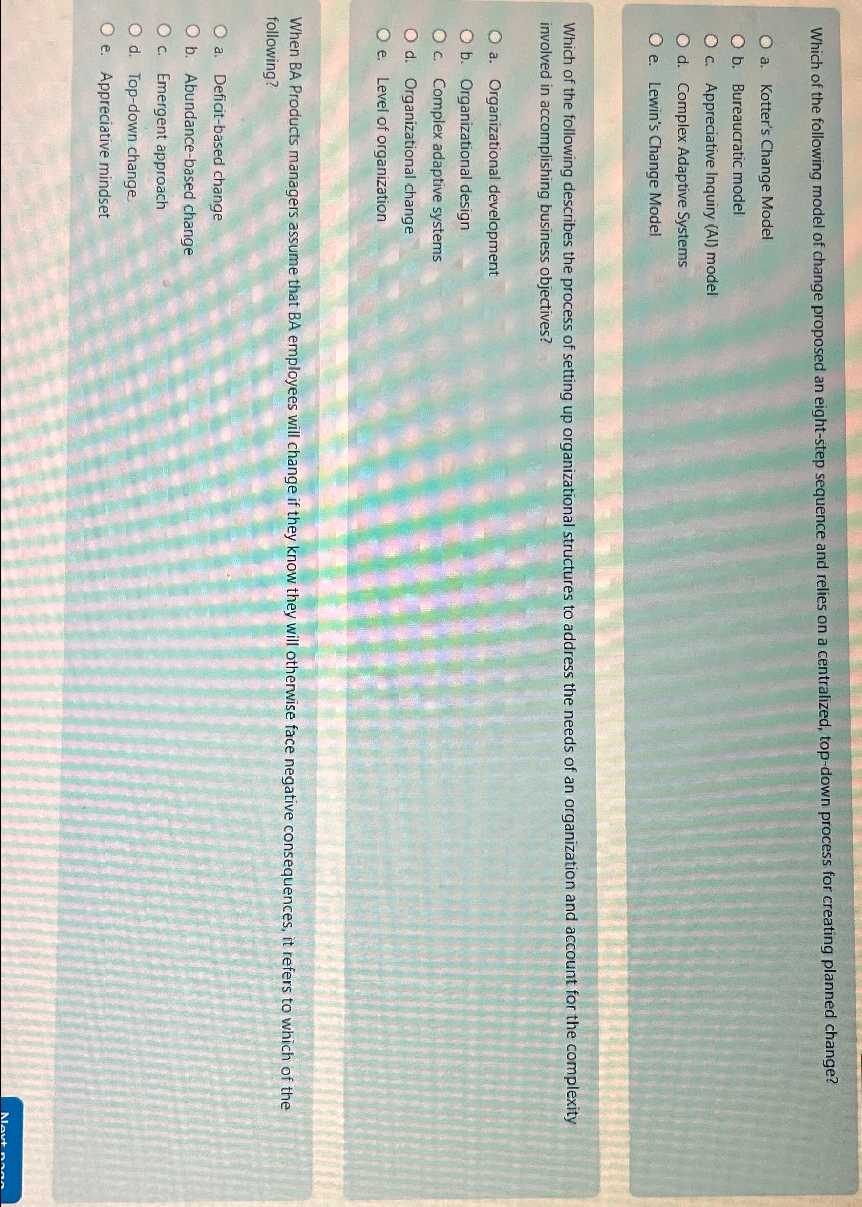 Solved Which of the following model of change proposed an | Chegg.com