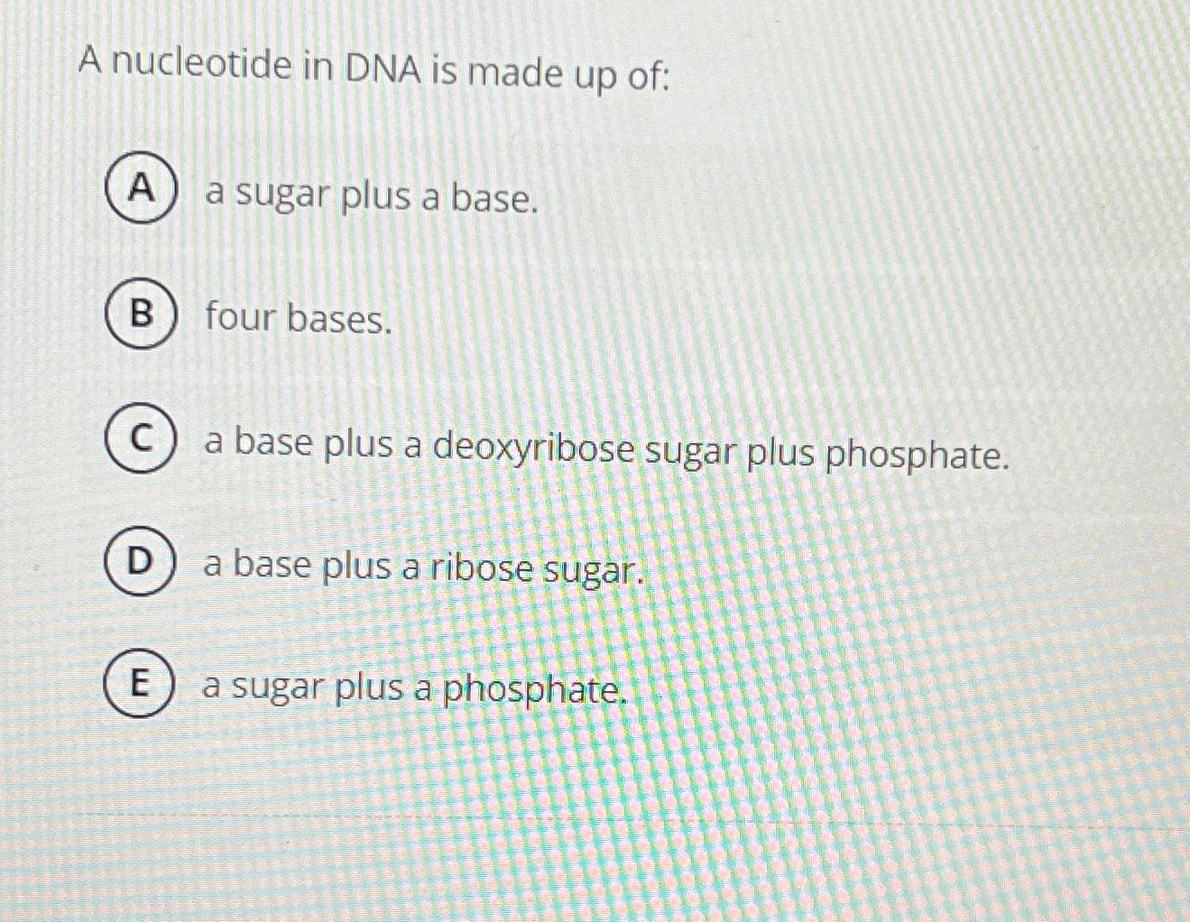 Solved A nucleotide in DNA is made up of:a sugar plus a | Chegg.com