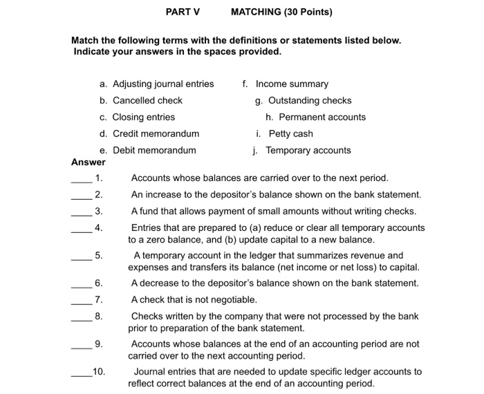 Solved PART V MATCHING (30 Points) Match the following terms | Chegg.com