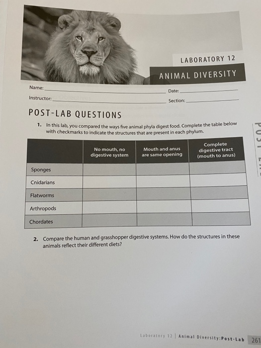 Solved LABORATORY 12 ANIMAL DIVERSITY Name Date