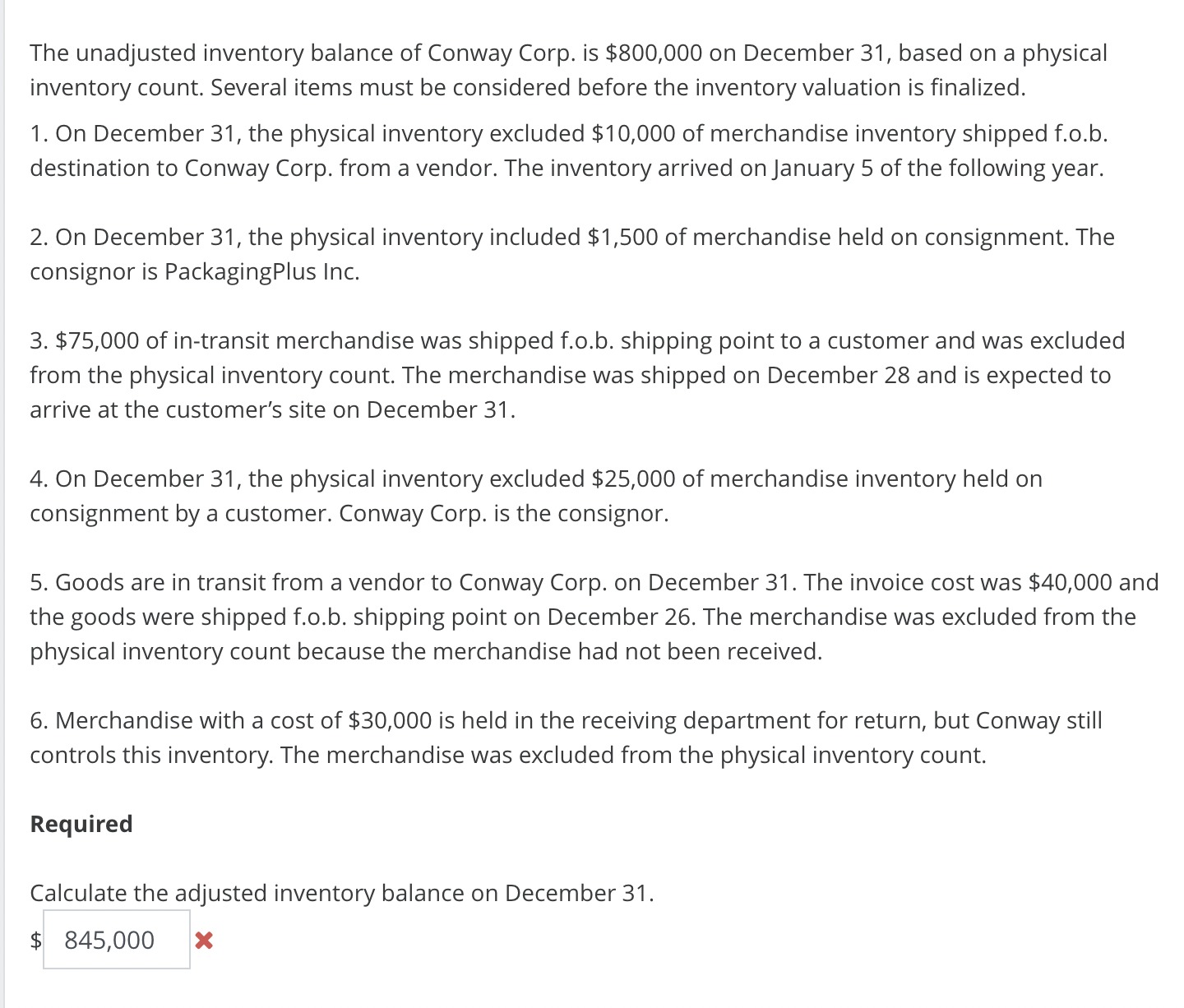 Inventory Balance Inquiry Solved The unadjusted inventory balance of Conway Corp. is | Chegg.com