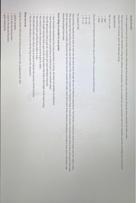 Solved Simple Decoder In this assignment you me to write a | Chegg.com