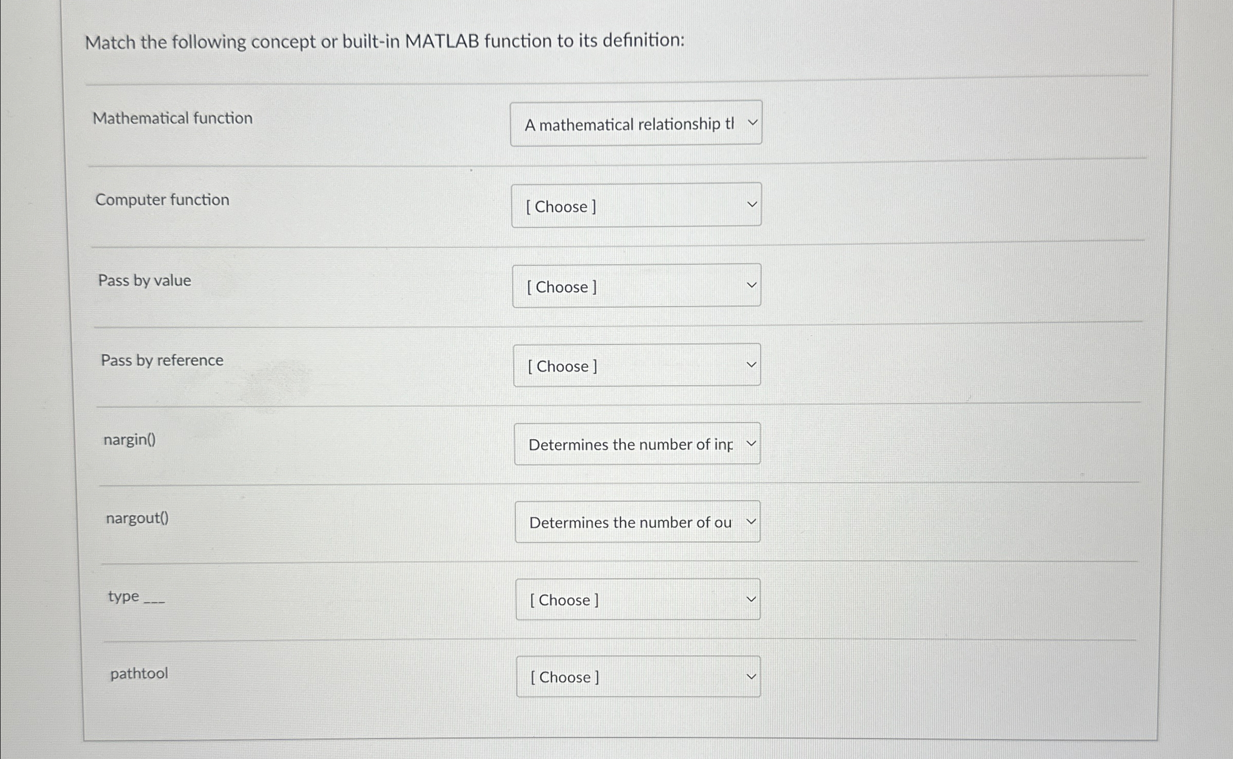 Solved Match the following concept or built-in MATLAB | Chegg.com