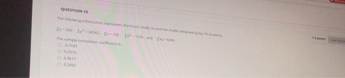 Solved QUESTION 15 The following information represents the | Chegg.com