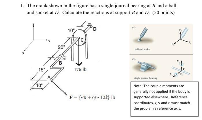 1. The crank shown in the figure has a single journal bearing at \( B \) and a ball and socket at \( D \). Calculate the reac