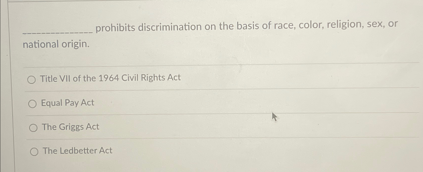 Solved prohibits discrimination on the basis of race, color, | Chegg.com