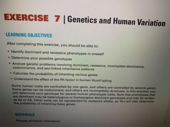 EXERCISE 7 Genetics and Human Variation LEARNING | Chegg.com
