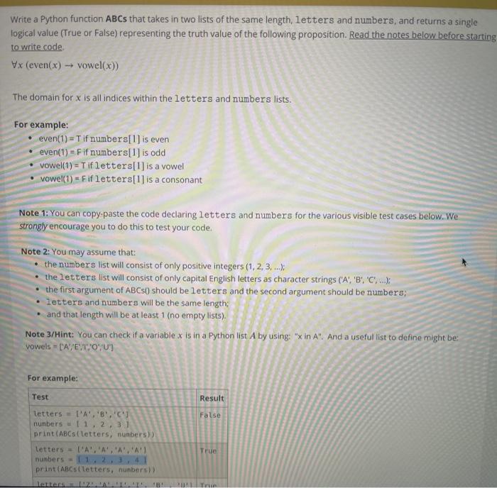 Solved Write a Python function ABCs that takes in two lists | Chegg.com