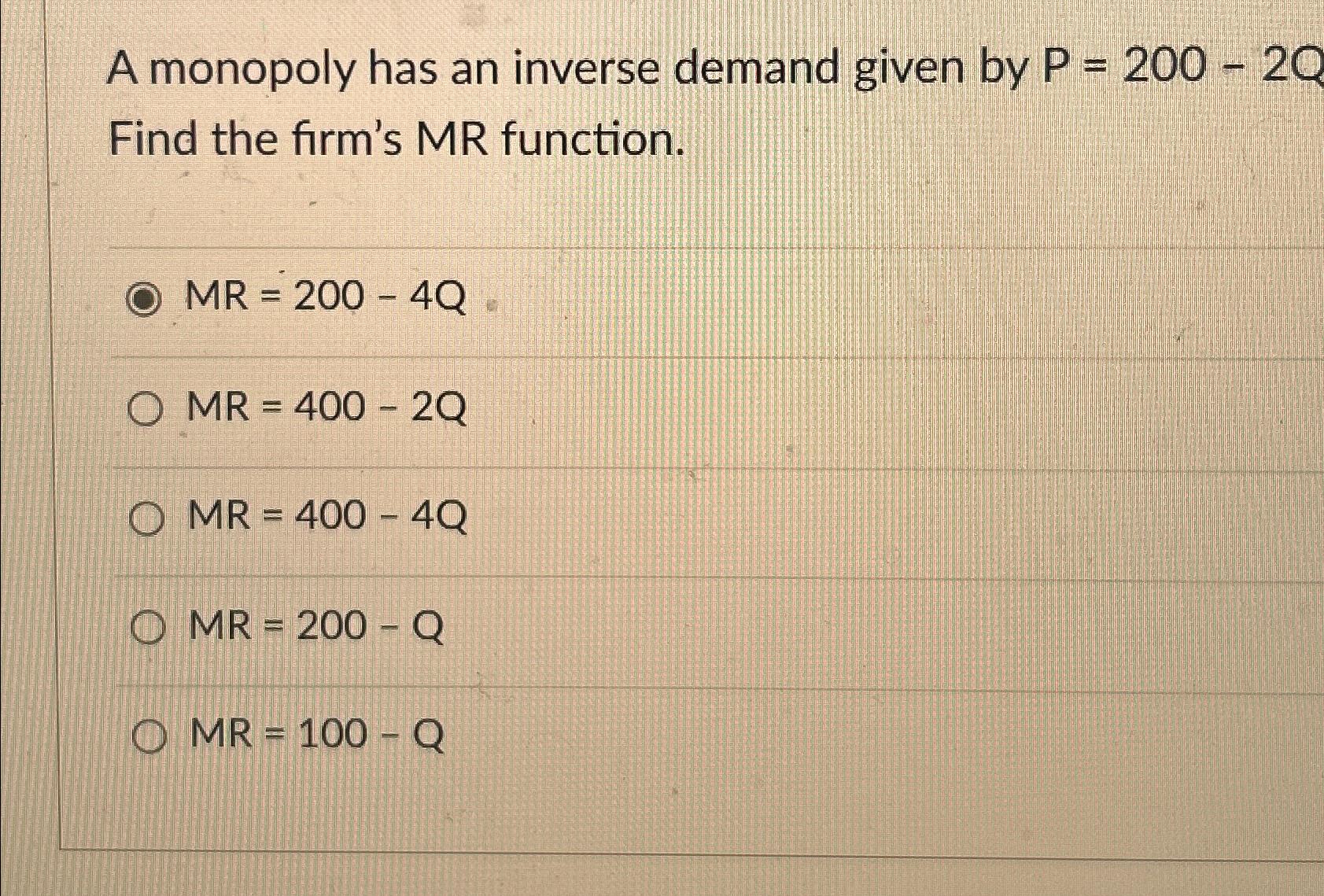 Solved A monopoly has an inverse demand given by P=2002Q