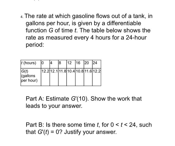 Solved 4 The Rate At Which Gasoline Flows Out Of A Tank Chegg Com