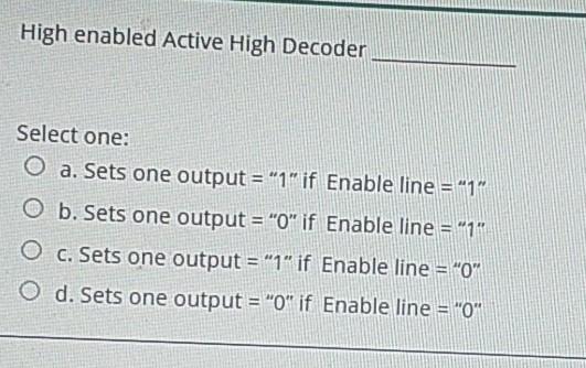 Solved High enabled Active High Decoder Select one: O a. | Chegg.com