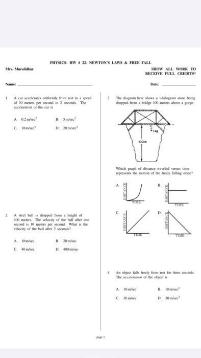 Solved Mr. Muralidhar PHYSICS HW 22- NEWTON'S LAWS A FREE | Chegg.com