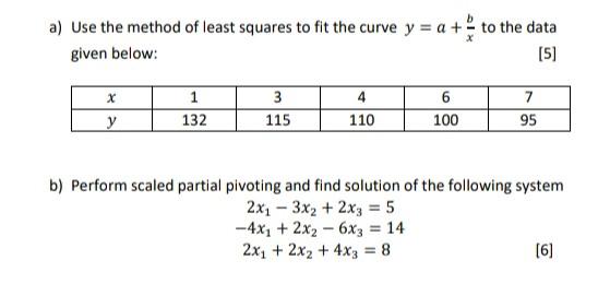Solved a) Use the method of least squares to fit the curve y | Chegg.com