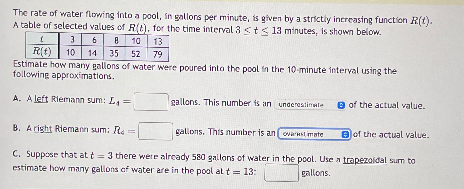 Solved The rate of water flowing into a pool, in gallons per | Chegg.com