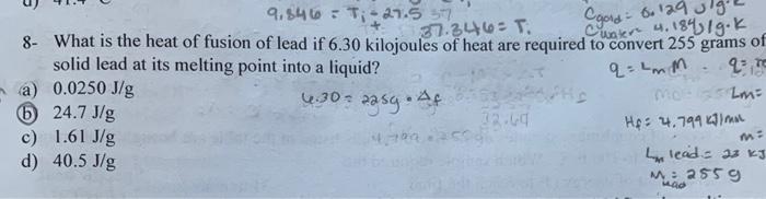 Solved what is the heat of fusion of lead if 6.30 kilojoules | Chegg.com