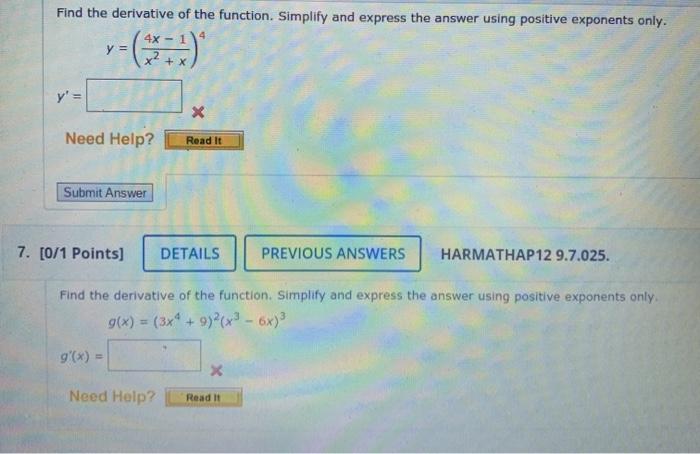 Solved Find the derivative of the function. Simplify and | Chegg.com