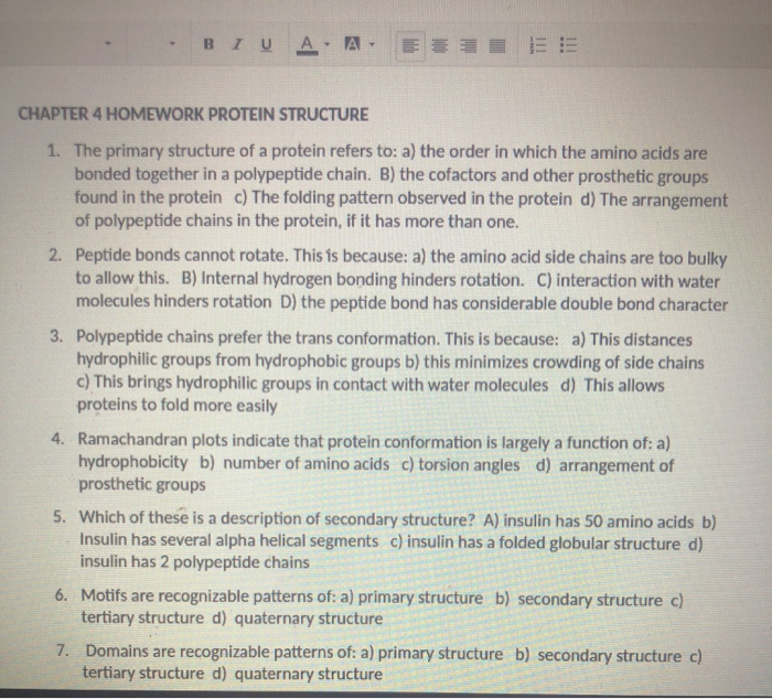 BIU A A EEEE CHAPTER 4 HOMEWORK PROTEIN STRUCTURE 1. | Chegg.com