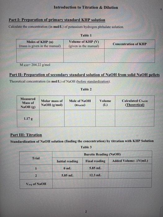 Solved Introduction to Titration & Dilution Part I