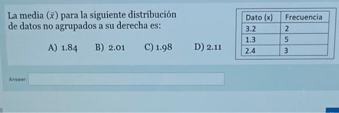 Solved La media (xˉ) para la siguiente distribución de datos | Chegg.com