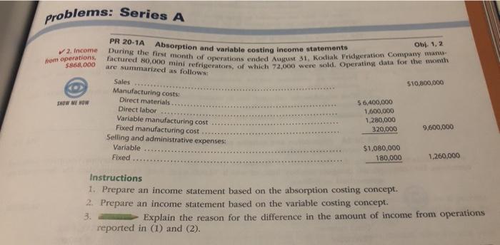 Solved problems: Series A PR 20-1A 2. Income from operations | Chegg.com