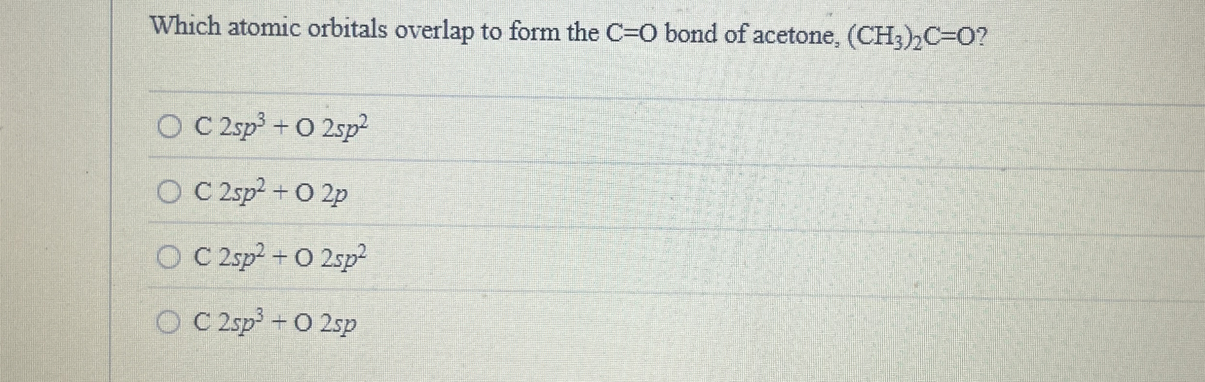 Solved Which atomic orbitals overlap to form the C=O ﻿bond | Chegg.com