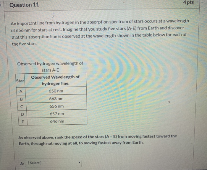 Solved Question 11 4 pts An important line from hydrogen in | Chegg.com