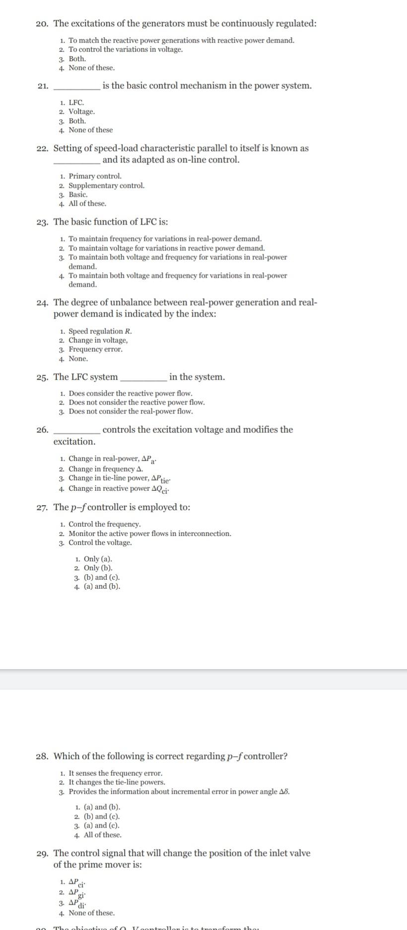 Solved 20. The excitations of the generators must be | Chegg.com