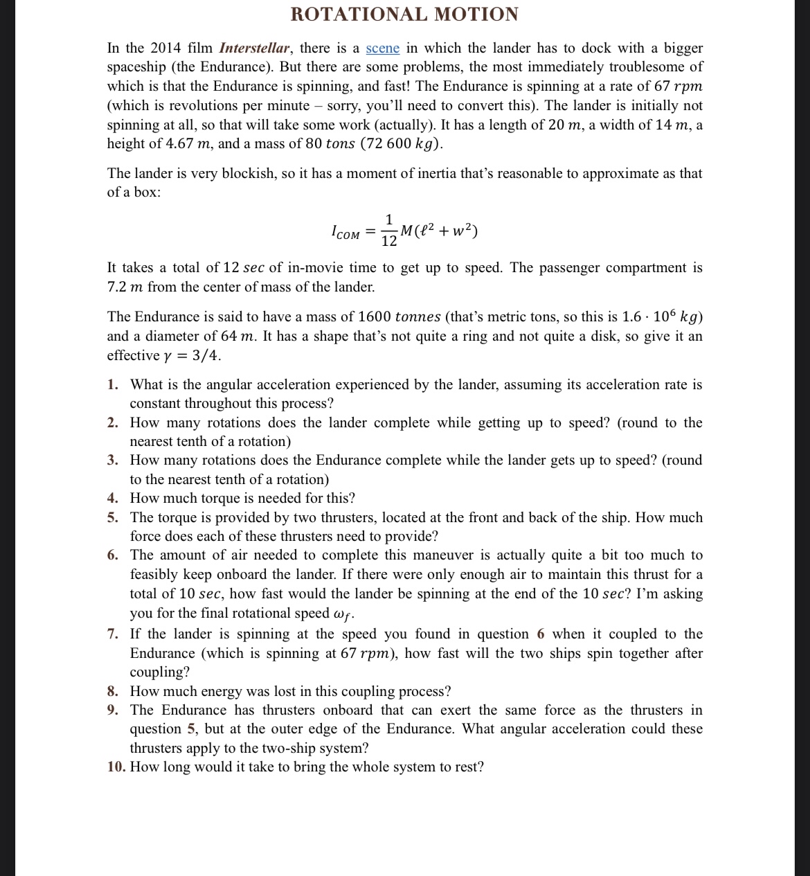 Solved ROTATIONAL MOTIONIn the 2014 ﻿film Interstellar, | Chegg.com