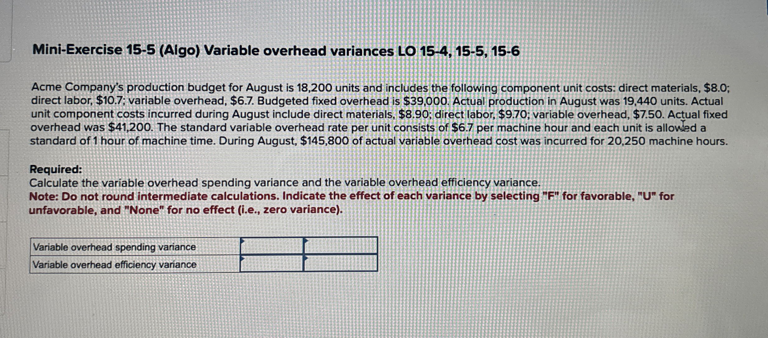 Solved Mini-Exercise 15-5 (Algo) ﻿Variable overhead | Chegg.com