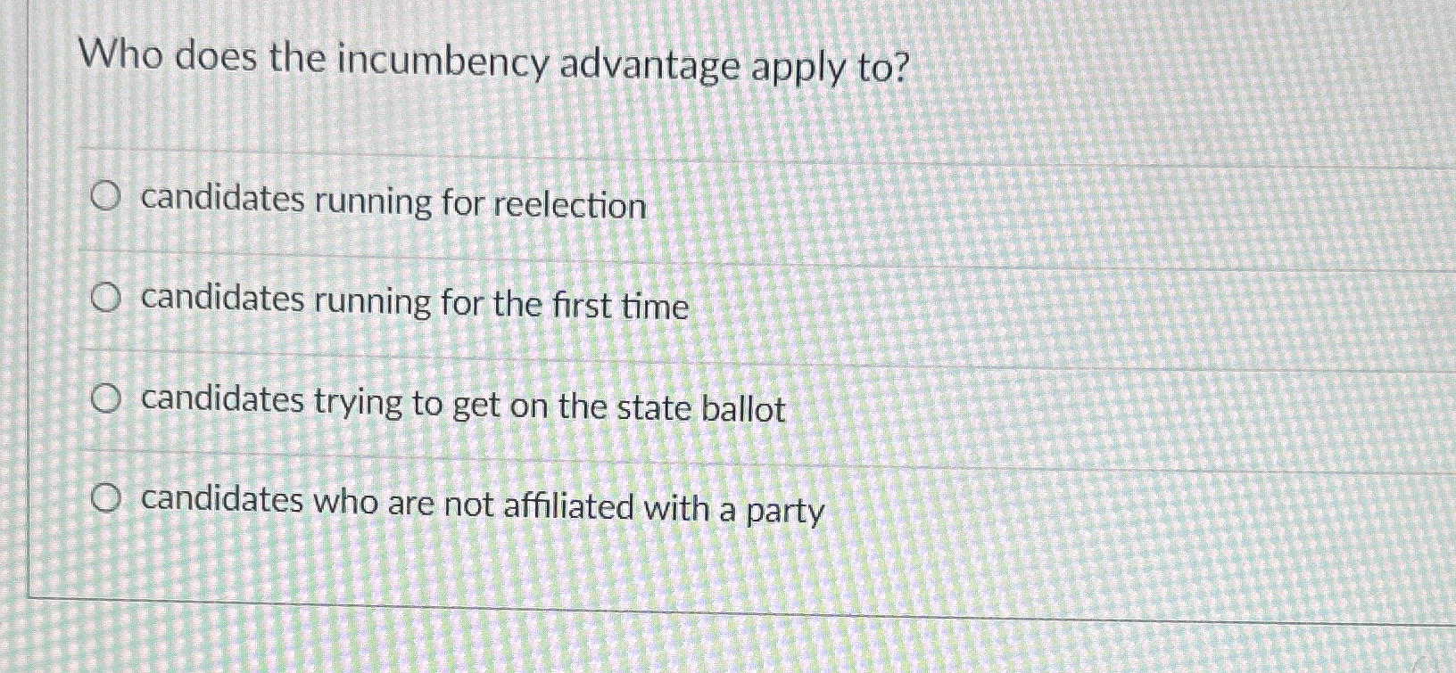 Solved Who Does The Incumbency Advantage Apply To?candidates | Chegg.com