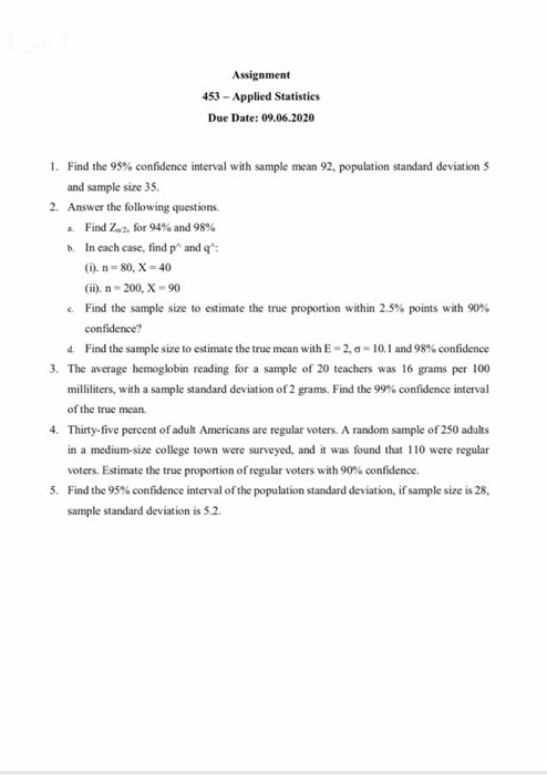 Solved Assignment 453 - Applied Statistics Due Date: | Chegg.com