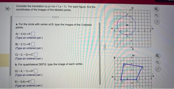 Consider the translation \( (x, y) \rightarrow(x+1, y-1) \). For each figure, find the coordinates of the images of the label