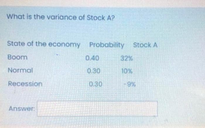 Solved What is the variance of Stock A? State of the economy | Chegg.com