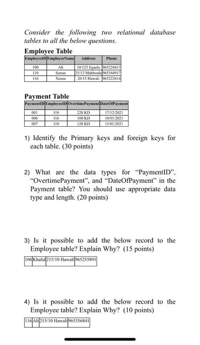 Solved Consider The Following Two Relational Database Tables | Chegg.com