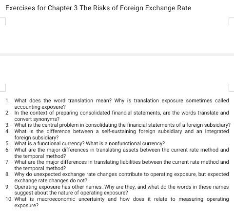 Solved Exercises for Chapter 3 The Risks of Foreign Exchange | Chegg.com