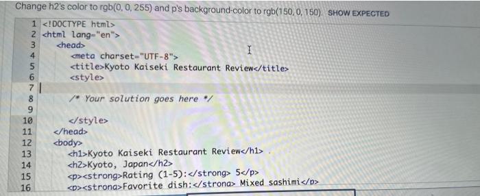 Solved Change h2's color to rgb (0,0,255) and p's | Chegg.com